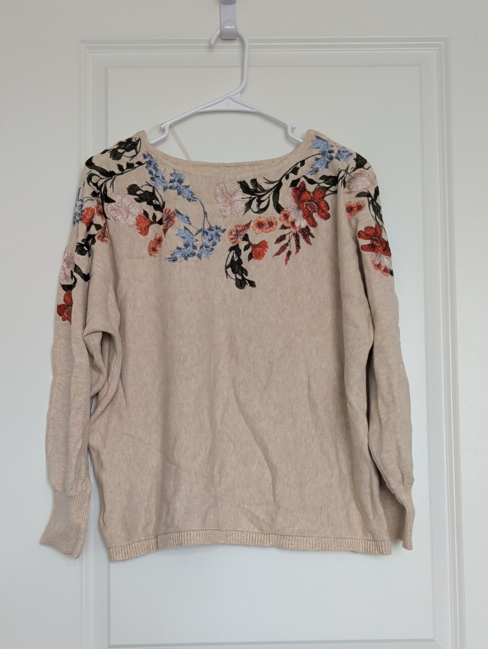 Chico's Beige Crewneck Sweater with Multicolor Floral Embroidery